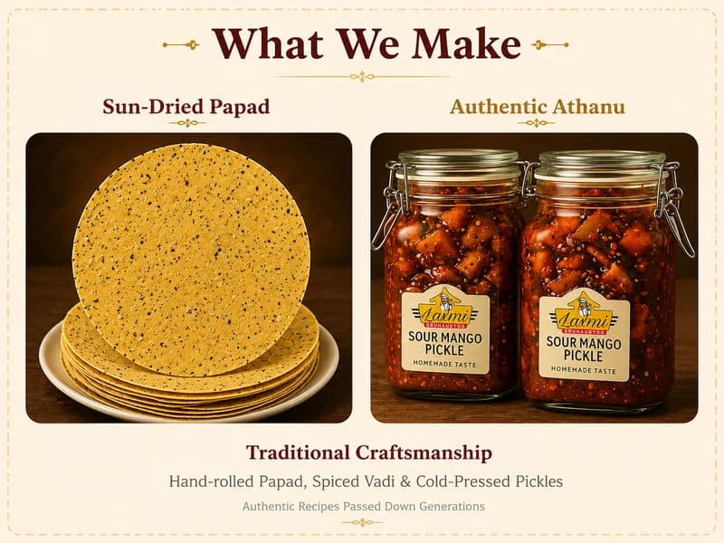 Authentic hand-rolled papad, stone-ground vadi and traditional athanu pickle making